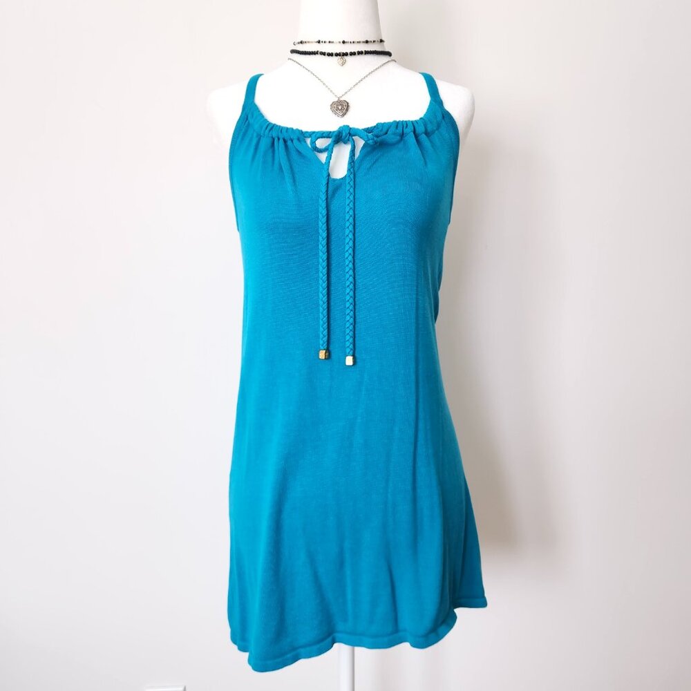 Y2K‎ Guess Silk Tank Top Small Teal Blue Braided Drawstring Mermaid Aquamarine